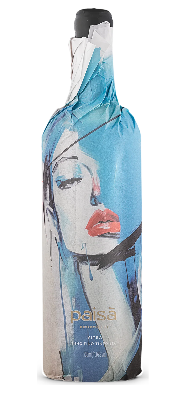 Garrafa Paisà Vitra envolta em papel de seda com retrato pintado